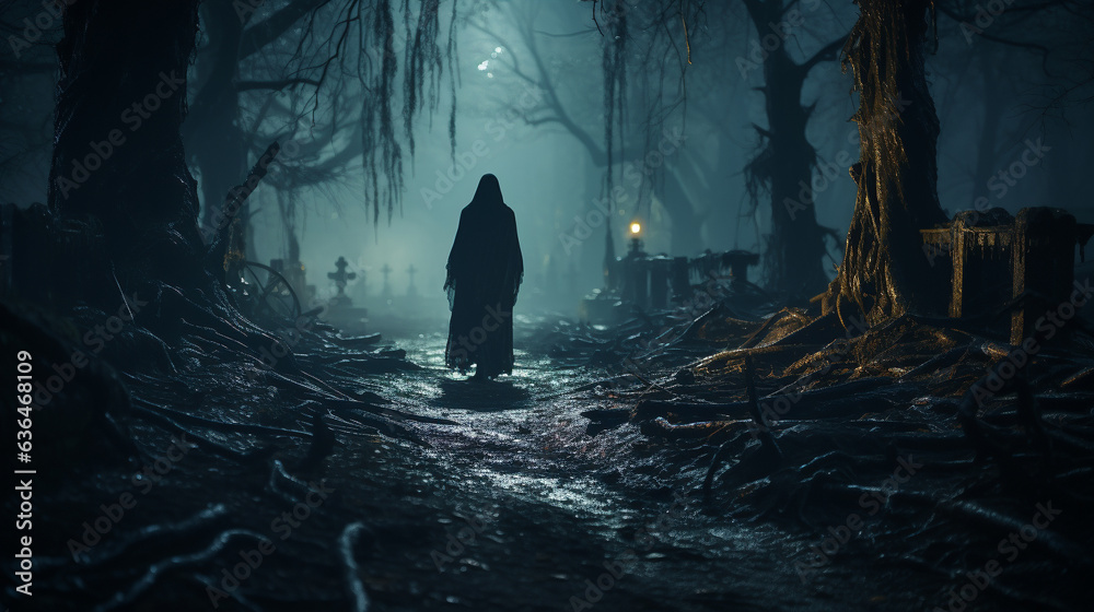Fototapeta premium Spooky dark figure walking through the foggy night in a cemetary - Generative AI.