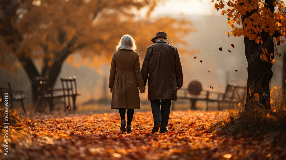 Senior couple holding hands walking through the park on a fall day - Generative AI. Senior couple holding hands walking through the park on a fall day - Generative AI.