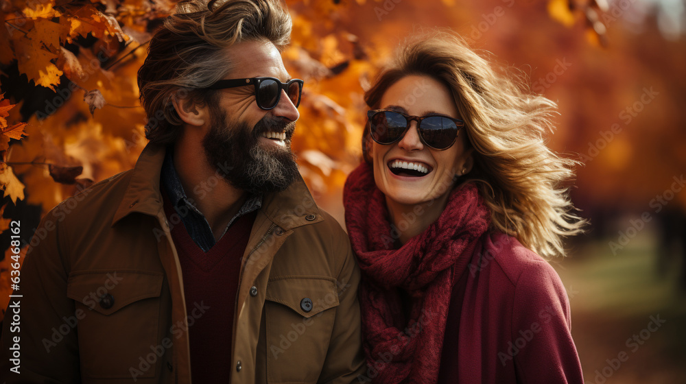 Warmly dressed young loving couple laugh as they enjoy the beautiful fall leaves in the park - Generative AI. Warmly dressed young loving couple laugh as they enjoy the beautiful fall leaves in the park - Generative AI.