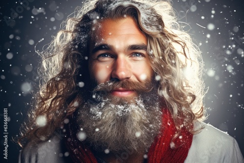 Attractive Santa Claus Portrait with long beard and middle long hairs and red and white heat, generative ai