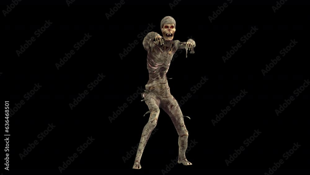 Seamless animation of a mummy zombie walking isolated with alpha channel. Funny cartoon character for Halloween background. Seamless animation of a mummy zombie walking isolated with alpha channel. Funny cartoon character for Halloween background.