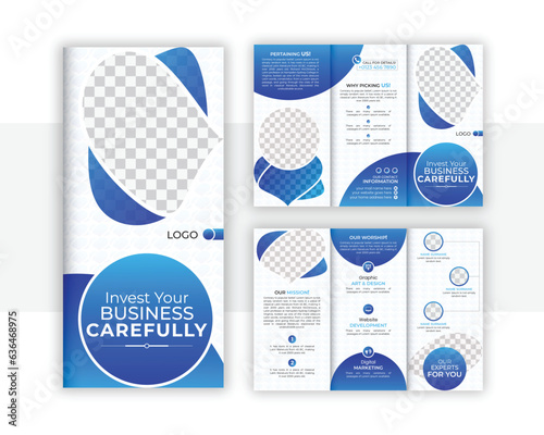 Blue color Tri-fold vector brochure template with circle elements for headers. Trendy and unique corporate bi-fold brochure, one kind of flyer design with minimal mockup 2023. photo