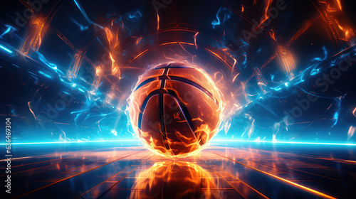 Basketball neon ball. Basket ball on fire,  Generate Ai
