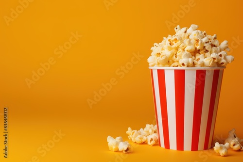 Popcorn in striped bucket on orange background. Copy space. Cinema concept.