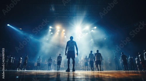 interior view of an illuminated basketball stadium for a game, Many people ready to play, Generative AI