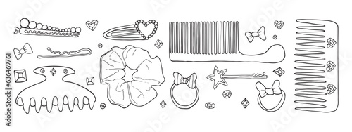 vector hair accessories line drawing set, hair saloon doodle, beauty bow and elastic for girl hairstyle