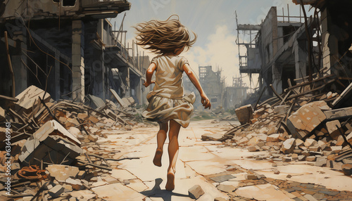 Survivor Girl Running Through War-Torn Ruins in Post-Apocalyptic Landscape