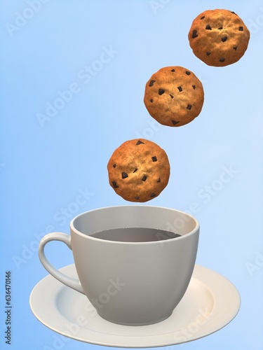 Blue background with a cup of coffee and flying cookies, 3d rendering