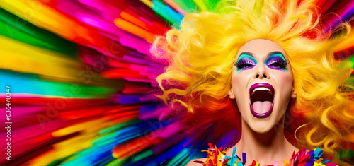 Drag queen person wearing heavy extravagant makeup. Proud expression. Rainbow color background. Generative AI photo