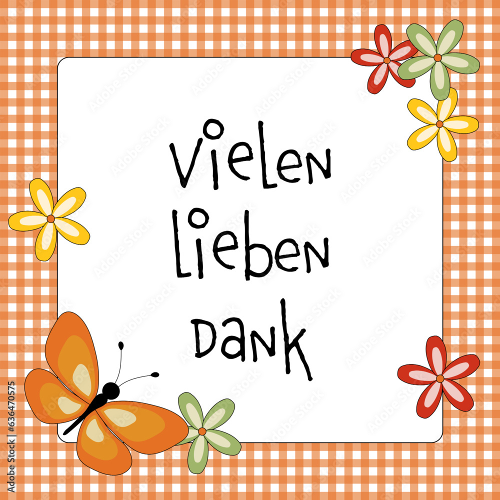 Vielen lieben Dank Schriftzug in deutscher Sprache. Dankeskarte mit