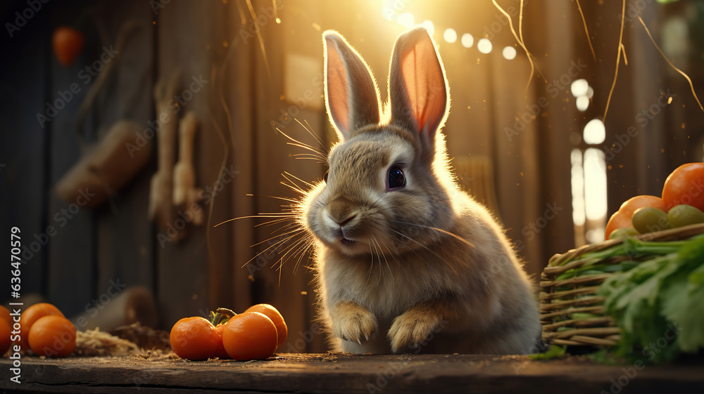 A rabbit nibbling on a carrot with a blurred background - obrazy, fototapety, plakaty 