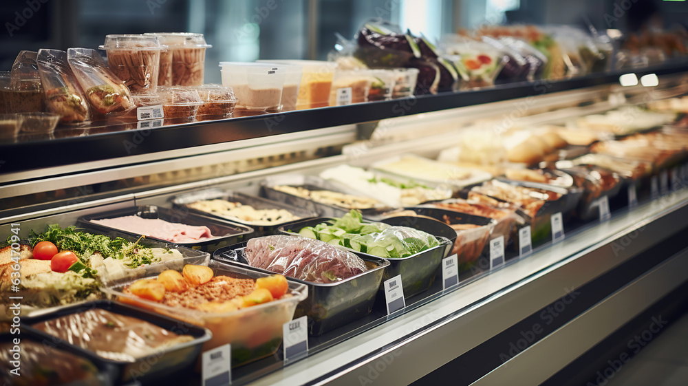 A selection of ready-to-eat meals at the deli counter in a supermarket interior - obrazy, fototapety, plakaty 
