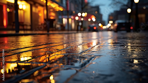 Reflective lights dancing on the rain slicked street