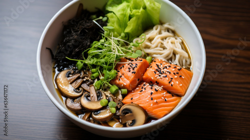 Lunch cuisine ramen bowl topped with sauteed mushrooms s, Generative Ai