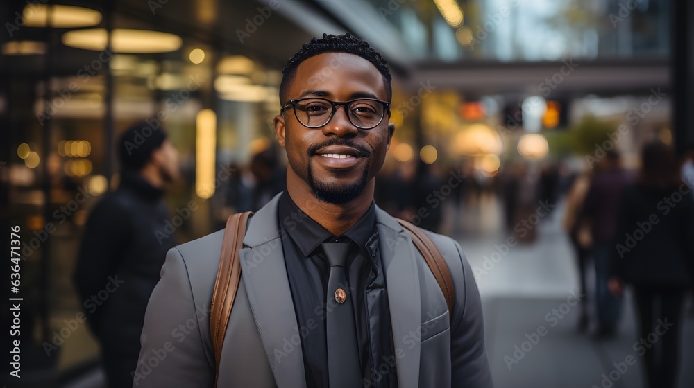 Portrait of young african american businessman with eyeglasses in the city