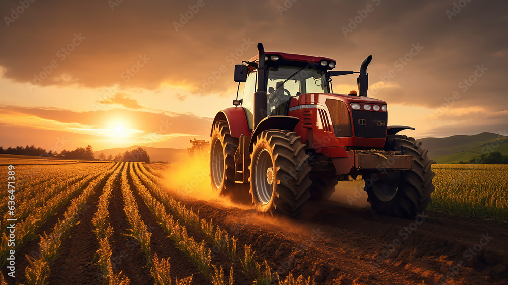 Field Plowing with a Tractor at Sunrise Field Plowing with a Tractor at Sunrise