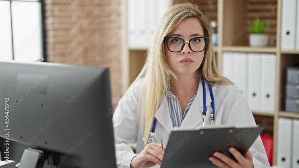 Young blonde woman doctor using computer reading medical report at clinic
