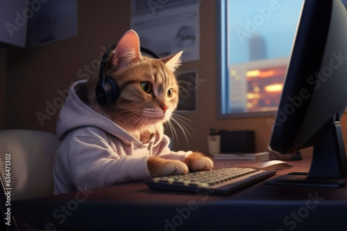 Cat programmer in a white hoodie sits at a computer in the room