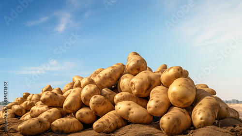 Freshly harvested potato heaps on a table with a clear sky backdrop