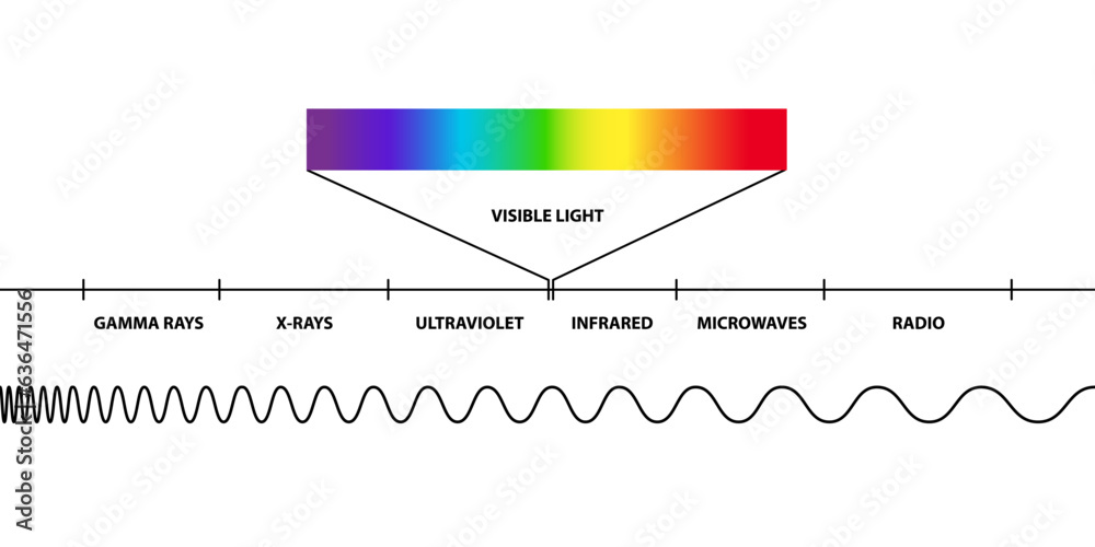 Visible light region of the electromagnetic spectrum, visible to human eye, electromagnetic radiation , low, high, radio waves, microwaves, gamma rays, x rays, ultraviolet, infrared