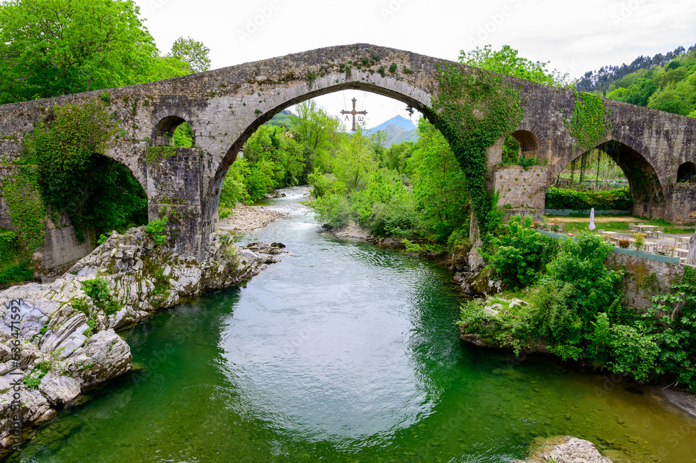 Cangas de Onis, mountain village with old roman ruins and bridge, Picos de Europa mountains, Asturias, North of Spain