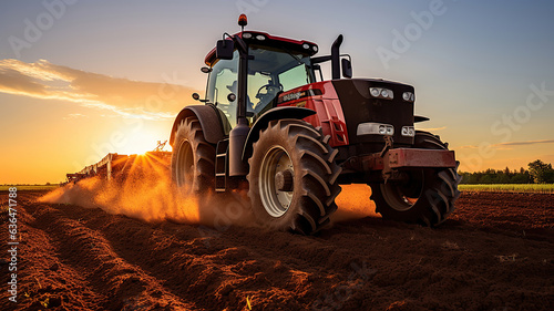 Tractor Plowing the Field During Sunrise