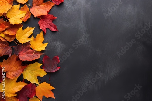 Autumn leaves on blackboard background. Top view with copy space