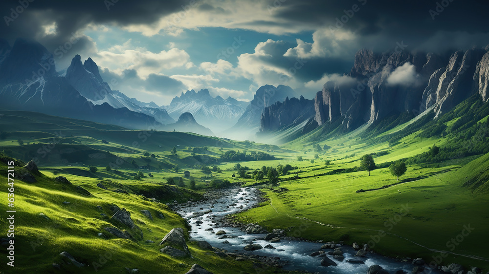 Dolomite peaks obscured by clouds while a green valley stretches below Dolomite peaks obscured by clouds while a green valley stretches below