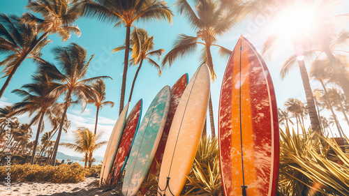 Tropical surfboards against palm trees on a beach