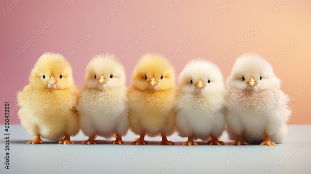 A lineup of fluffy chicks against a soft color isolated background