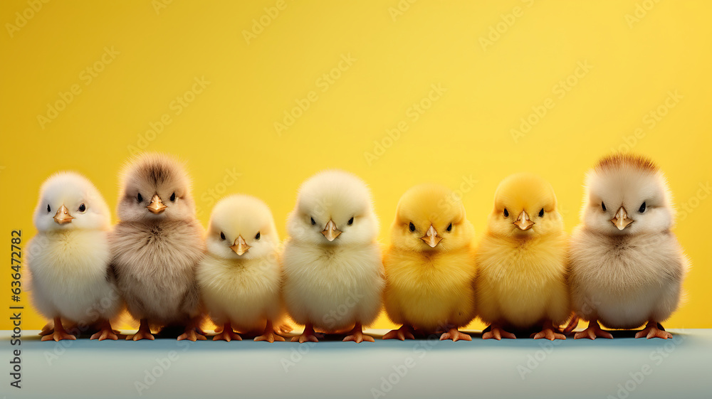 Fluffy chicks in a lineup, set against a soft color isolated background