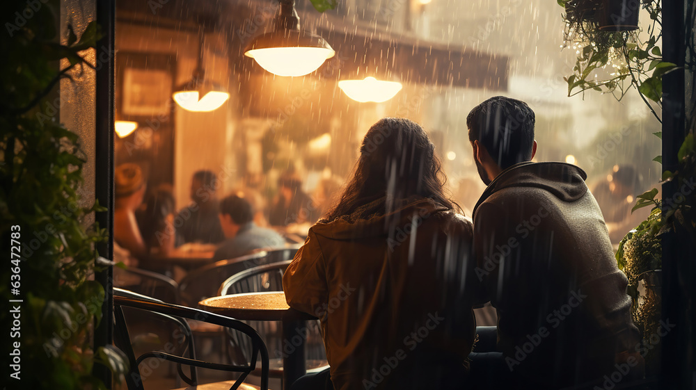Individuals delighting in indoor coffee during an outdoor rain