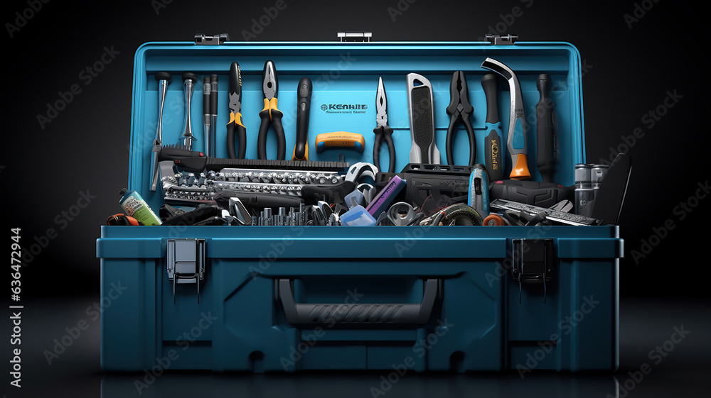 An organized toolbox filled with different tools - obrazy, fototapety, plakaty 