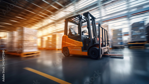 Forklifts in motion, moving and transferring goods within the warehouse