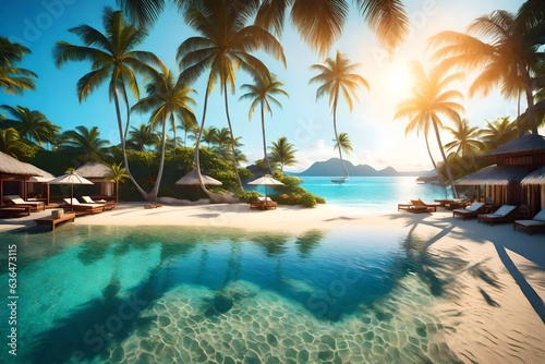 A beachfront paradise  tropical terrain  holiday resort  sun flare  tropical colors  landscape photography 