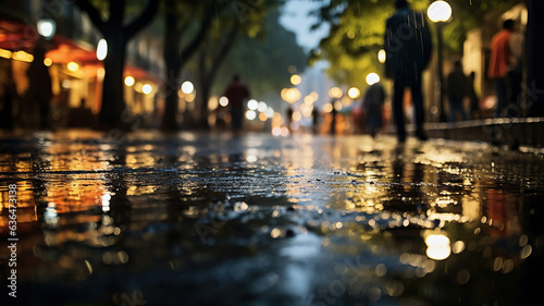 Street glistening with the shimmer of reflected lights on wet pavement