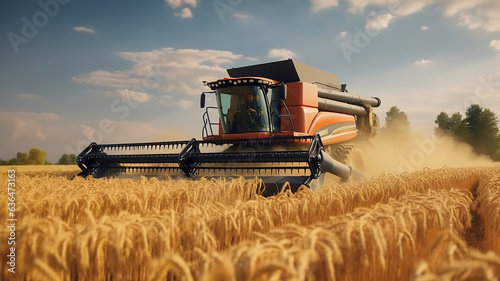 The combine harvester is at work, harvesting the wheat