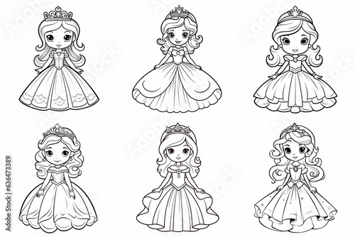 Princess Coloring Page. Set of drawings for coloring. Perfect for children's coloring books. Artwork can be transformed into vector illustrations. Generative AI