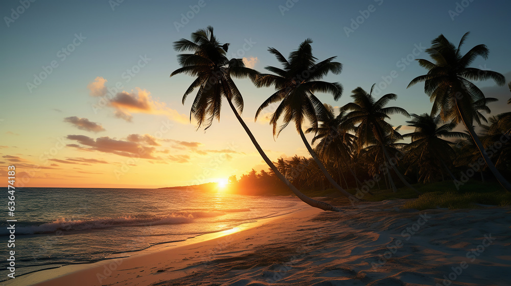 Coconut trees sway gently against the serene white sandy beach