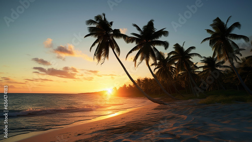 Coconut trees sway gently against the serene white sandy beach