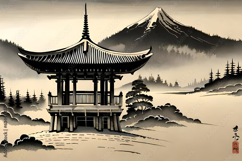 Japanese Semi-e Style Temple Scroll Art Japanese Semi-e Style Temple Scroll Art