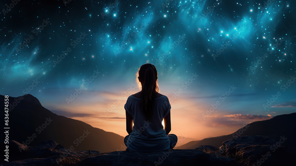 woman silhouette meditating atop a mountain beneath the night stars