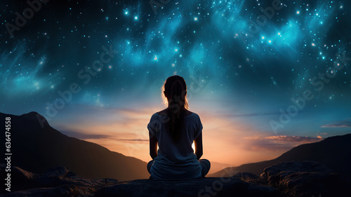 woman silhouette meditating atop a mountain beneath the night stars