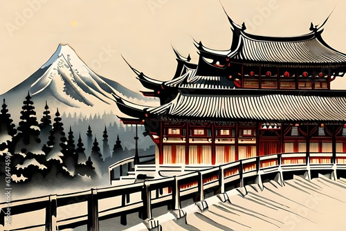 Japanese Semi-e Style Temple Scroll Art © Suite Green Media