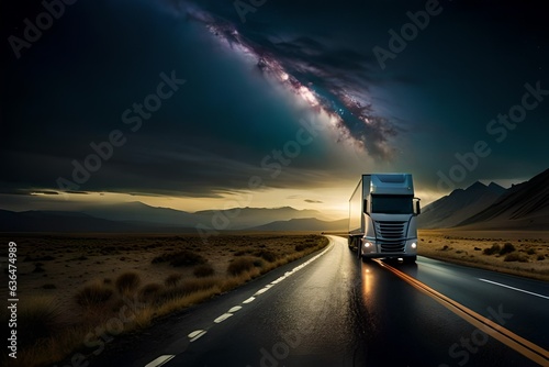 Semi Truck On Lonely Highway Beautiful Scenery  © Suite Green Media
