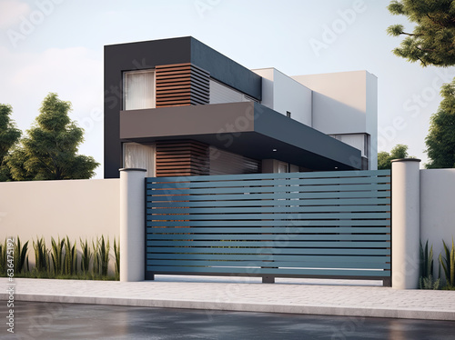Fotótapéta A gray private house of two floors hidden behind a fence with automatic sliding