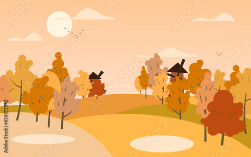 Autumn cartoon style landscape with colorful trees and hills