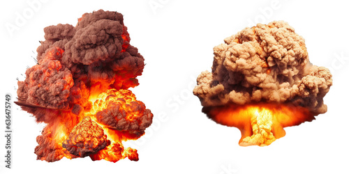 Numerous pictures of large bombs exploding with fire and smoke isolated on a transparent background
