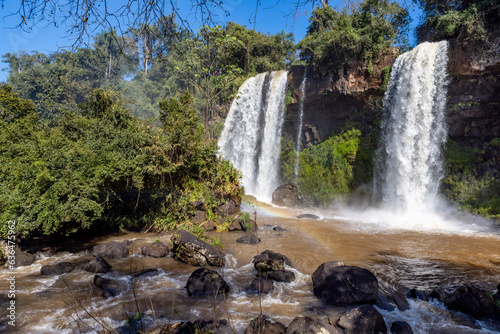 Salto Dos Hermanas  the Two Sisters Falls  in the national park at Iguazu Waterfalls  one of the new seven natural wonders of the world in all its beauty viewed from the Argentinian side 