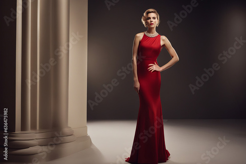 Eloquent Model Picture with Text Area - Beige Background Color - Stylish Model in Red Dress, created with Generative AI technology